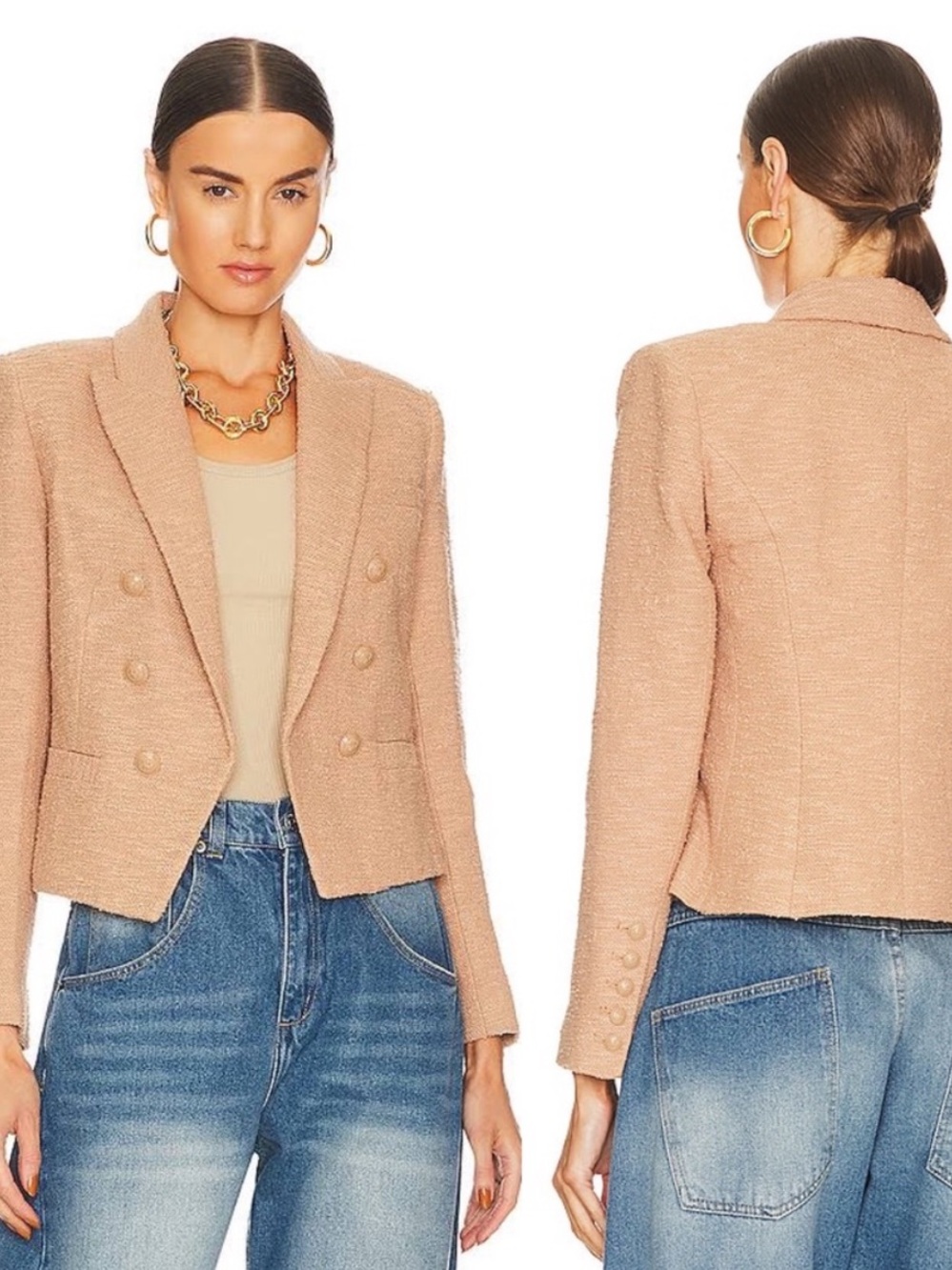 L’AGENCE Blazer Brooke Double Breasted Cropped Open Front in Praline Tan Tweed